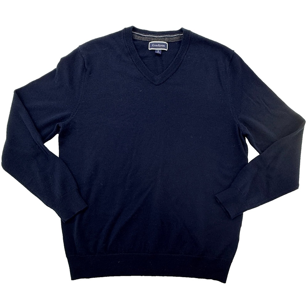 Club Room Merino Wool Sweater Mens Medium V Neck Navy Knit Pullover